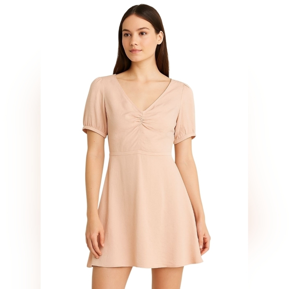 Avec Les Filles Ruched Puff Sleeve Fit & Flare Mini Dress XS Blush Pink